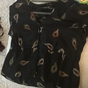 Madewell sheer Black Blouse with Feather Pattern